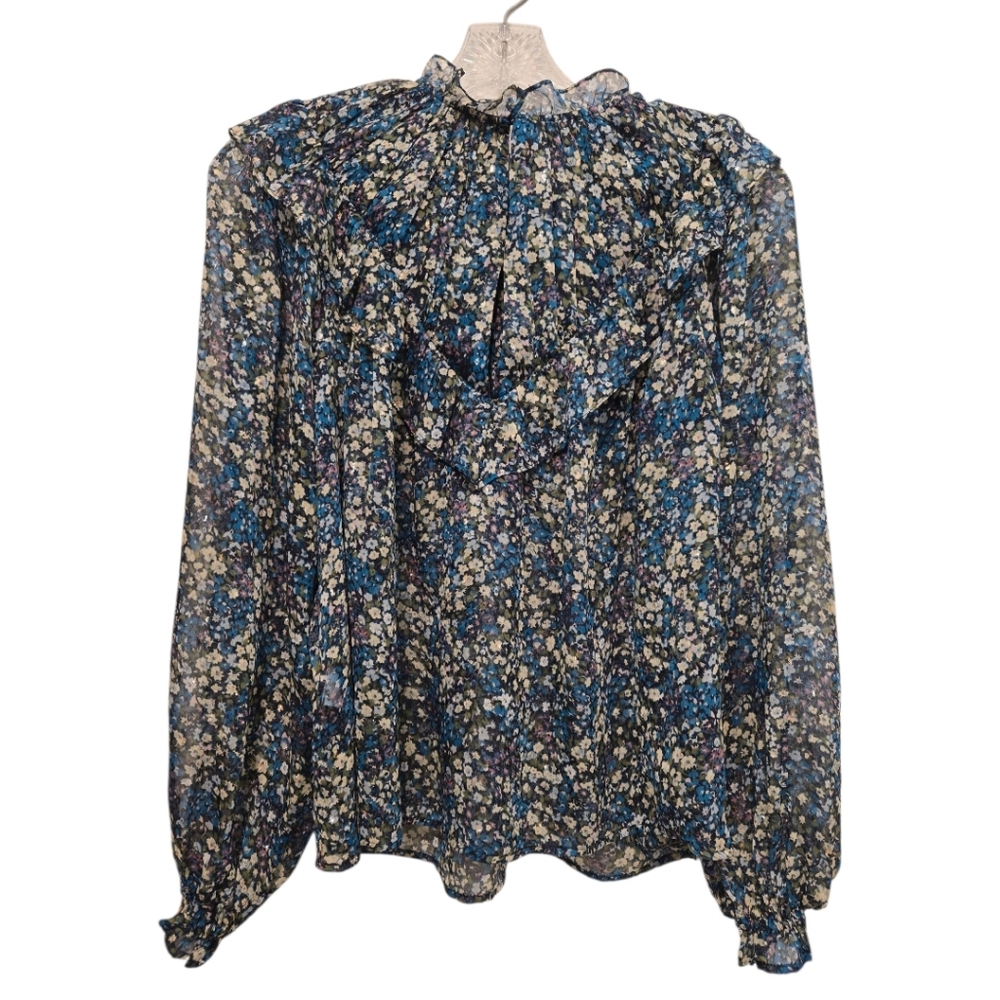 Boden V Yoke Flounce Sheer Floral Blouse Top Nebulas Blue Ruffle Size 4 - Picture 9 of 10